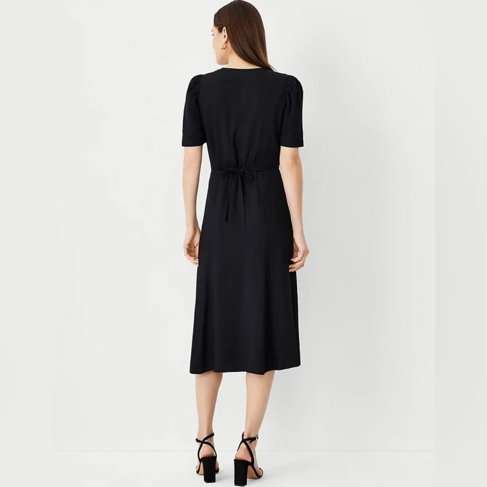 Ann Taylor Black Twill Button Front Midi Dress Size Medium Petite - Picture 7 of 11